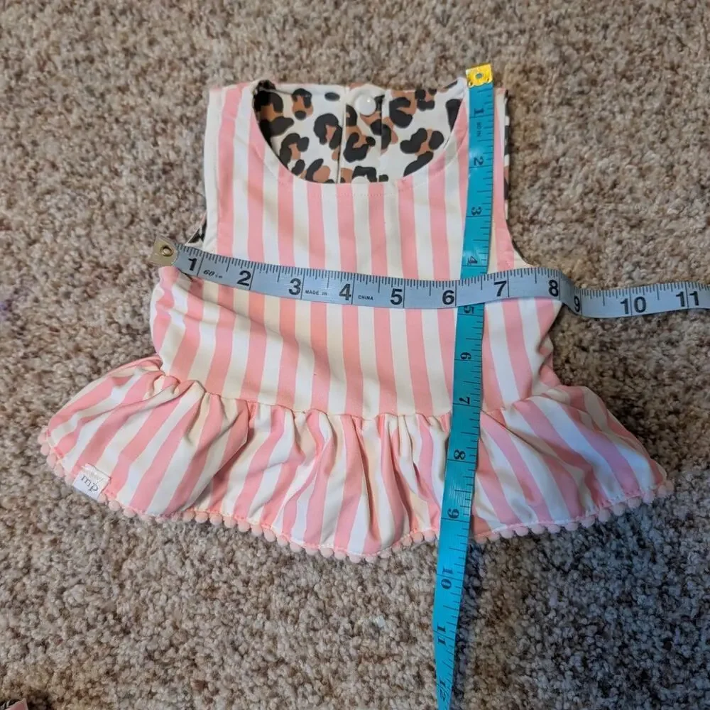 MUD PIE Reversible leopard & pink striped swimsit set; flounce; 6 mos